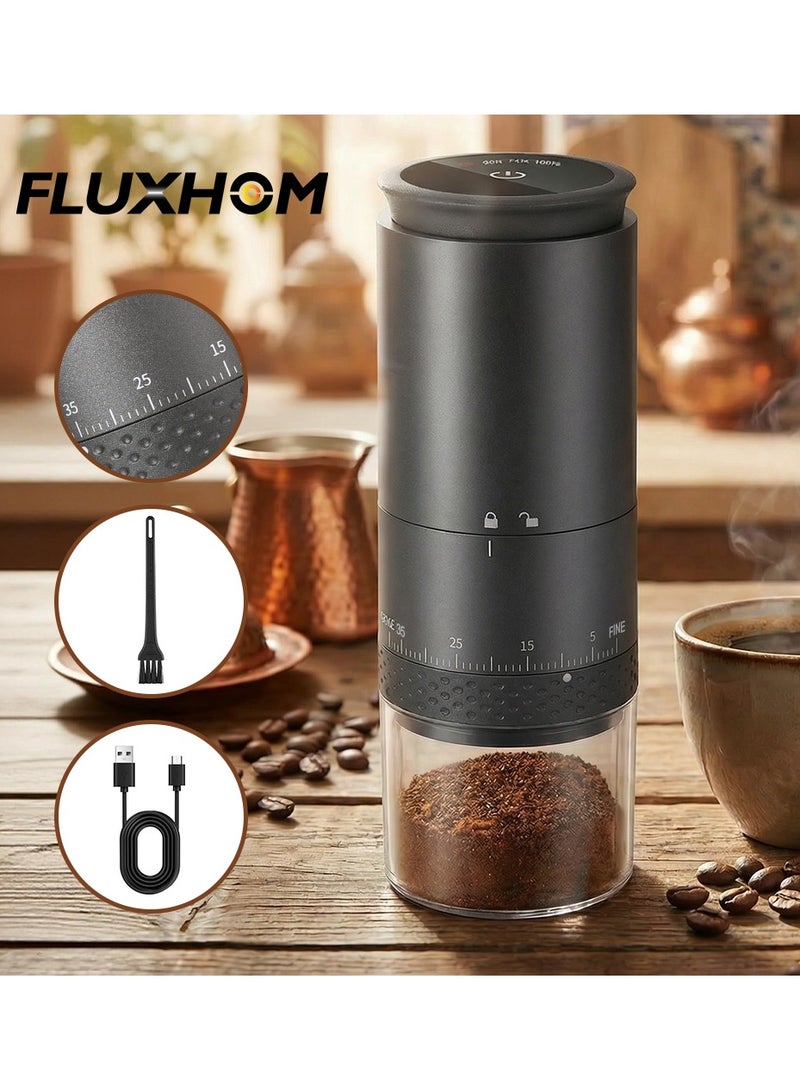 فلوكسهوم مطحنة قهوة كهربائية قابلة للشحن، طاحونة بمسنّنات (Burr) مع 38 إعداد طحن دقيق، مسنّنات مخروطية خزفية، شحن USB-C، محمولة للمنزل والسفر والتخييم (زر لمس للتشغيل) - Image 1